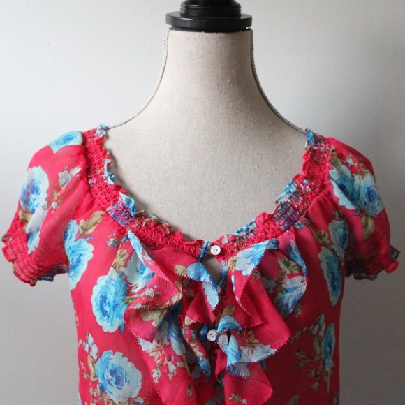 Abercrombie & Fitch Red Blue Floral Ruffle Shirt - Picture 4 of 6